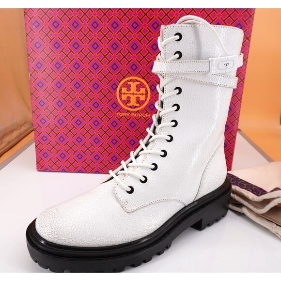 Tory Burch Combat White Crackled Suede Lace Up Ankle Boots SZ 10 Lug Logo $495 - Picture 1 of 9